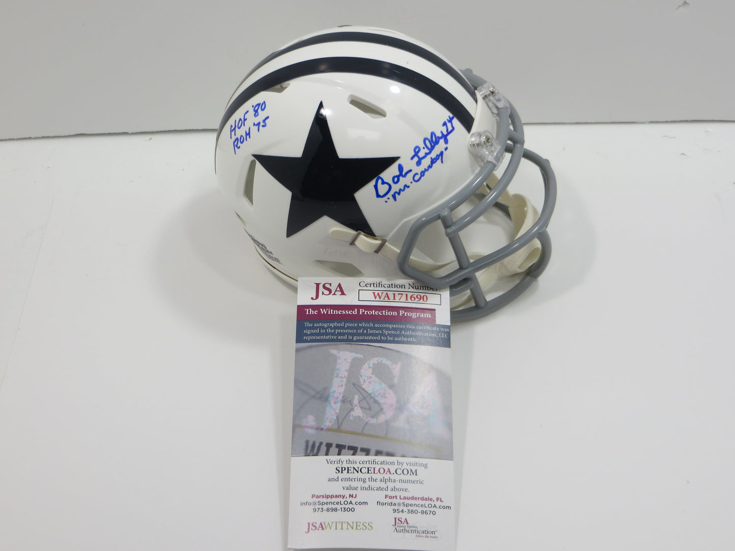 BOB LILLY SIGNED DALLAS COWBOYS MINI WHITE THROWBACK HELMET w/3 INSCs JSA