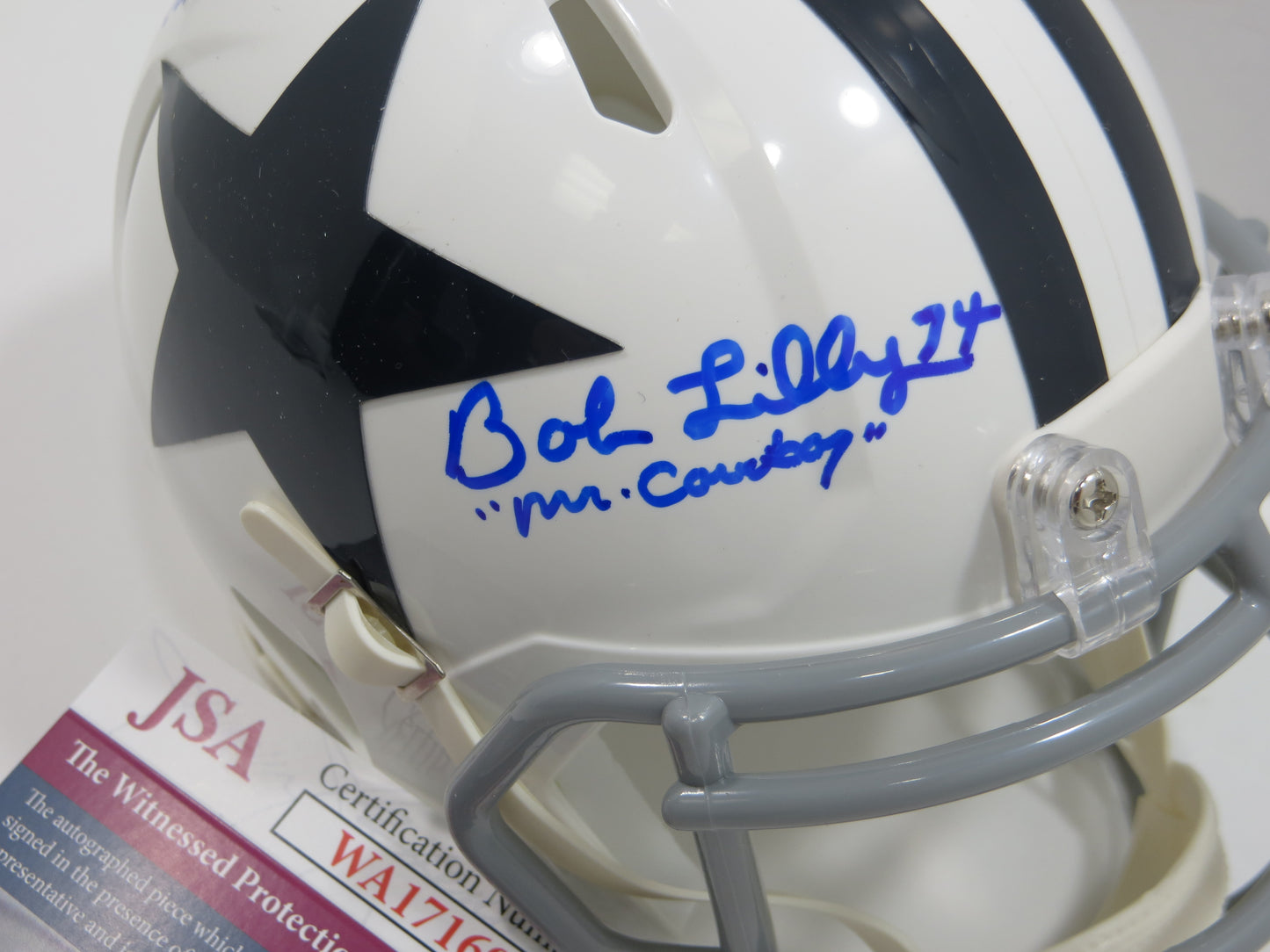 BOB LILLY SIGNED DALLAS COWBOYS MINI WHITE THROWBACK HELMET w/3 INSCs JSA