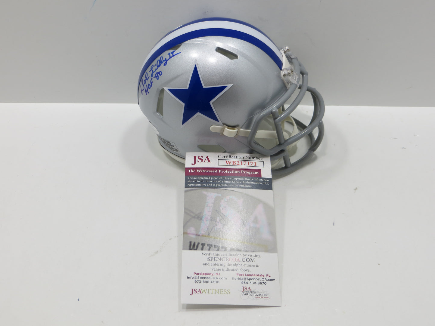BOB LILLY SIGNED DALLAS COWBOYS RIDDELL MINI TB HELMET w/HOF 80 JSA COA