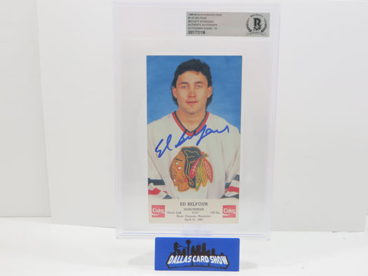 ED BELFOUR 1988-89 BLACKHAWKS COKE #1 BAS BGS SLAB AUTO 10 Chicago Dallas Stars