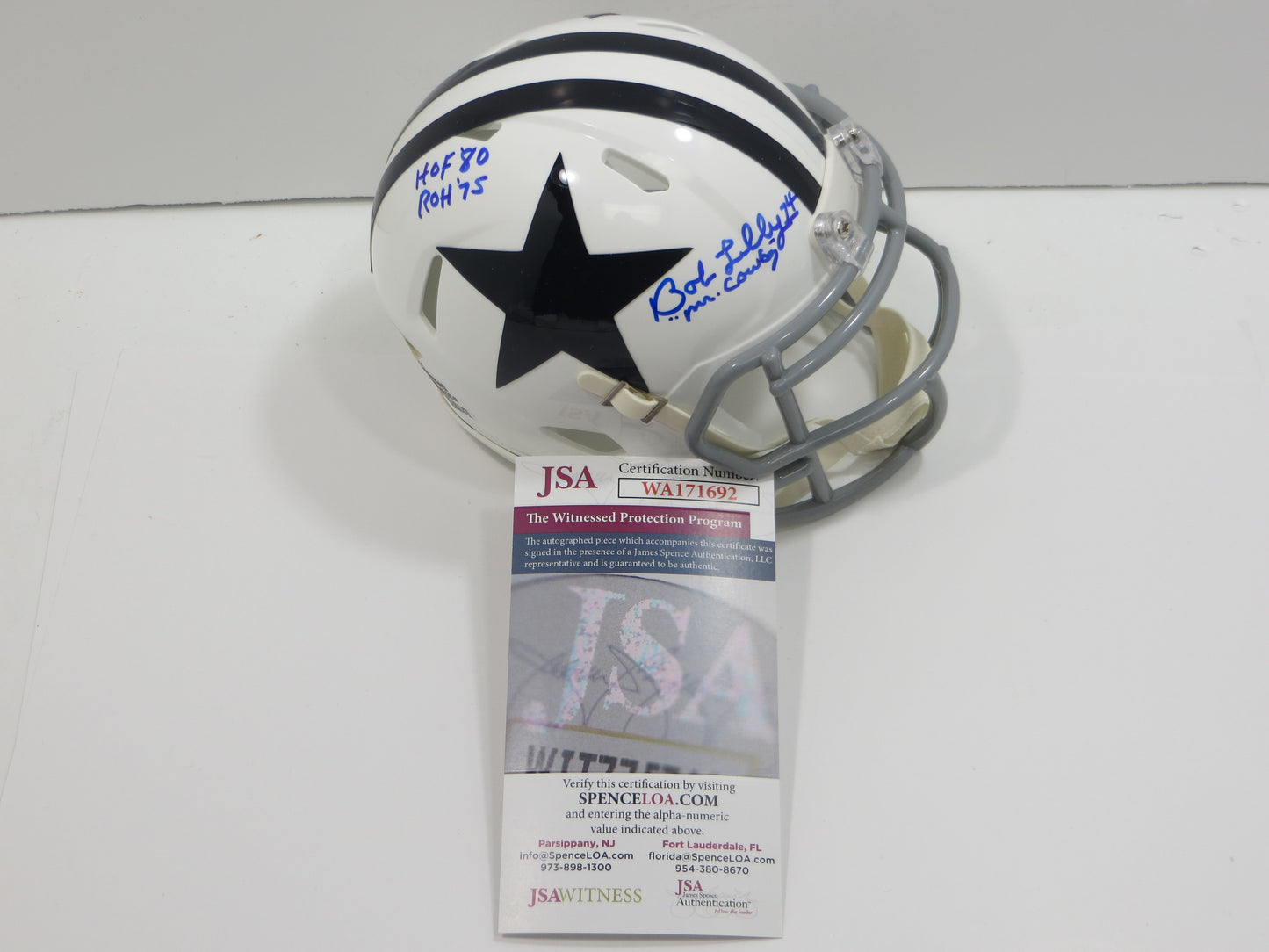 BOB LILLY SIGNED DALLAS COWBOYS MINI WHITE THROWBACK HELMET w/3 INSCs JSA