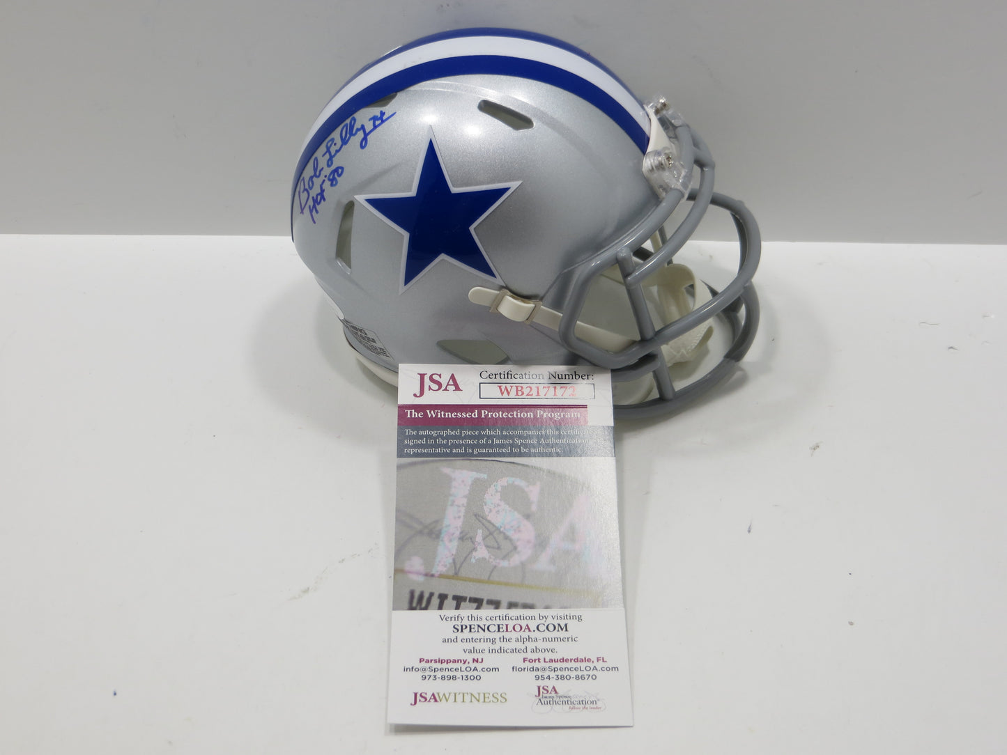BOB LILLY SIGNED DALLAS COWBOYS RIDDELL MINI TB HELMET w/HOF 80 JSA COA