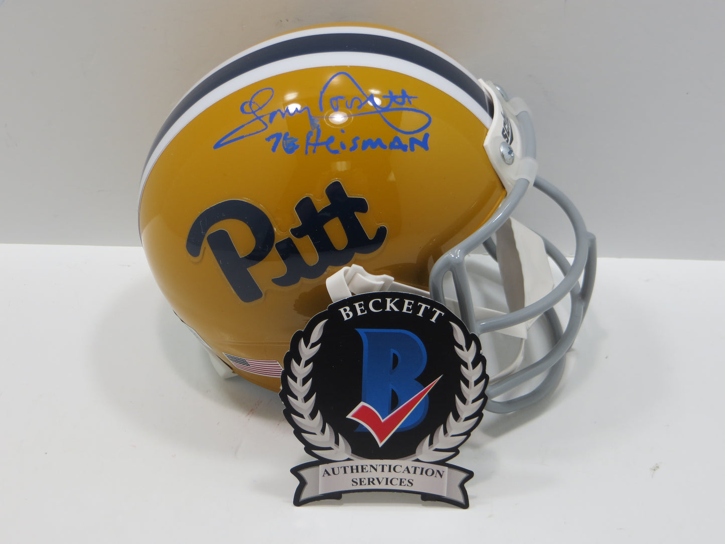 TONY DORSETT SIGNED PITT PANTHERS THROWBACK MINI HELMET w/76 HEISMAN BAS