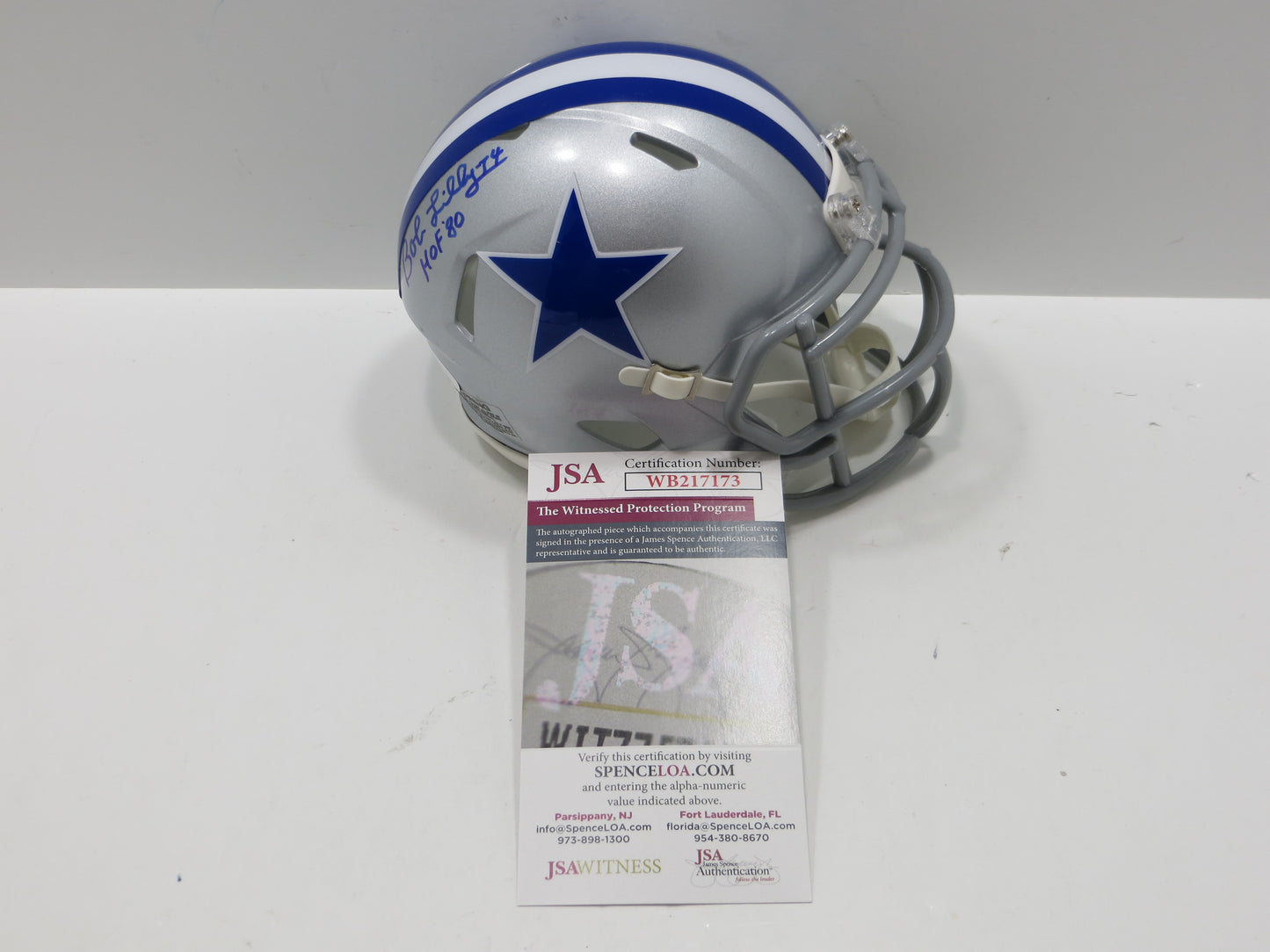 BOB LILLY SIGNED DALLAS COWBOYS RIDDELL MINI TB HELMET w/HOF 80 JSA COA