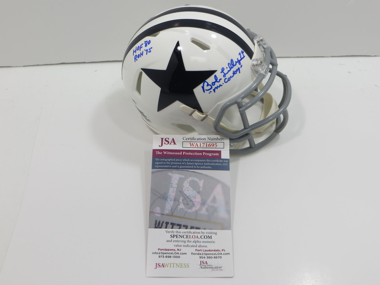 BOB LILLY SIGNED DALLAS COWBOYS MINI WHITE THROWBACK HELMET w/3 INSCs JSA