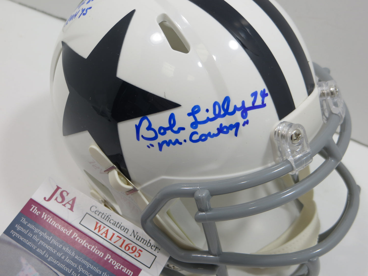 BOB LILLY SIGNED DALLAS COWBOYS MINI WHITE THROWBACK HELMET w/3 INSCs JSA