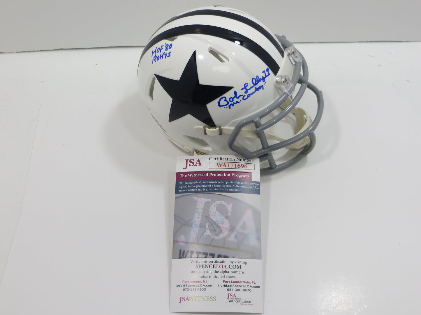BOB LILLY SIGNED DALLAS COWBOYS MINI WHITE THROWBACK HELMET w/3 INSCs JSA