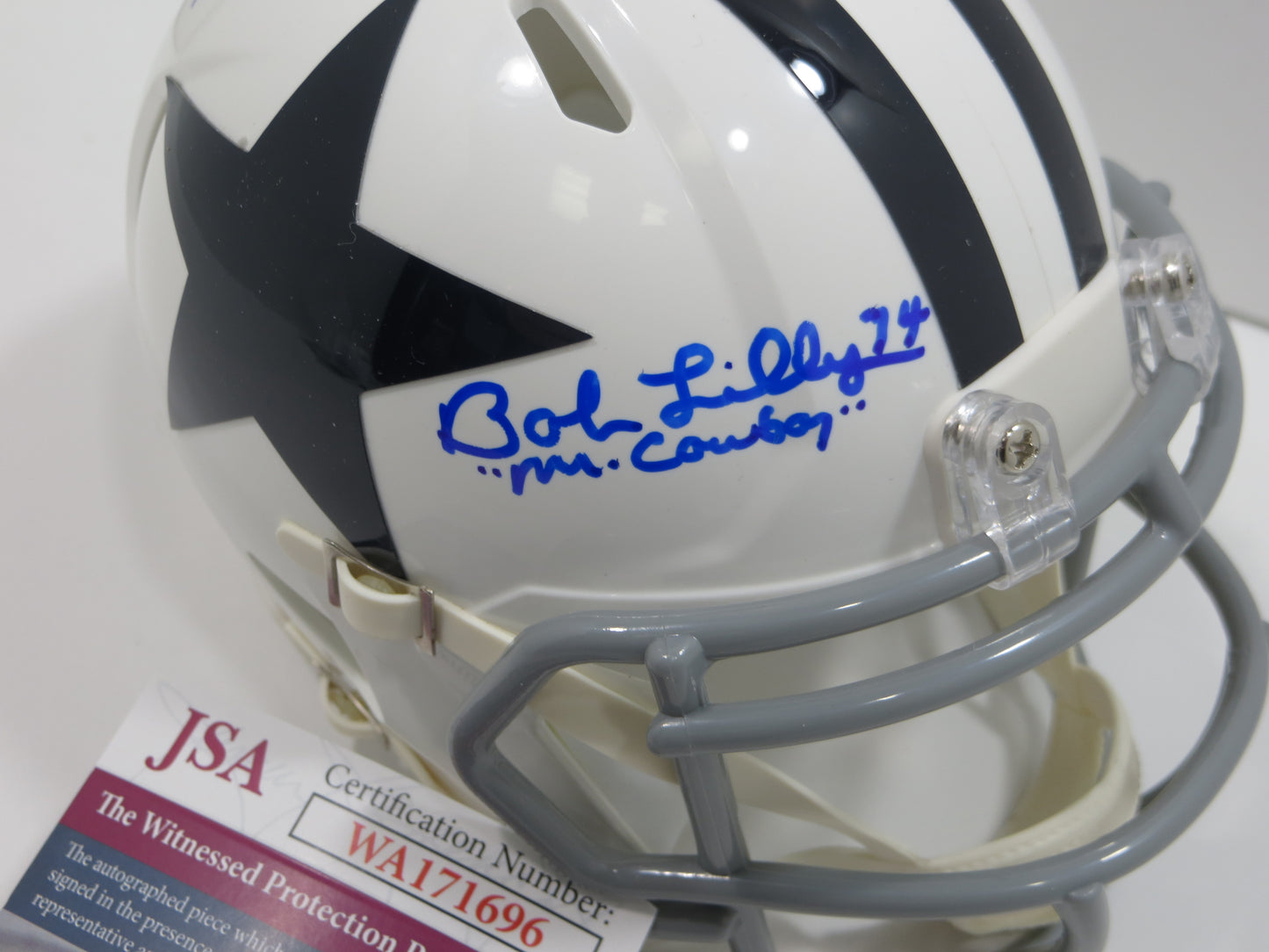 BOB LILLY SIGNED DALLAS COWBOYS MINI WHITE THROWBACK HELMET w/3 INSCs JSA