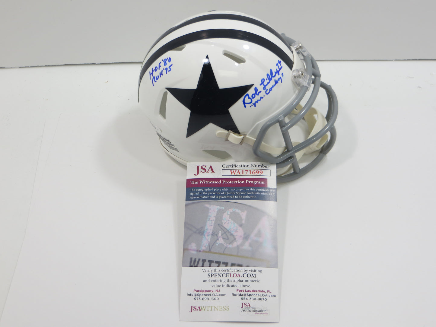 BOB LILLY SIGNED DALLAS COWBOYS MINI WHITE THROWBACK HELMET w/3 INSCs JSA