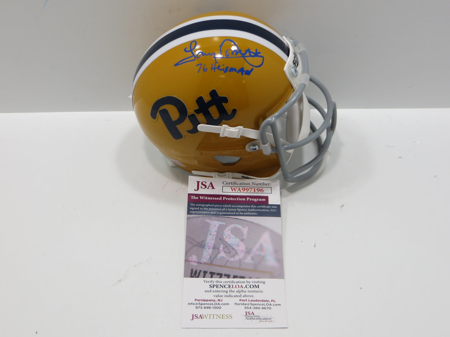 TONY DORSETT SIGNED PITT PANTHERS THROWBACK MINI HELMET w/76 HEISMAN JSA