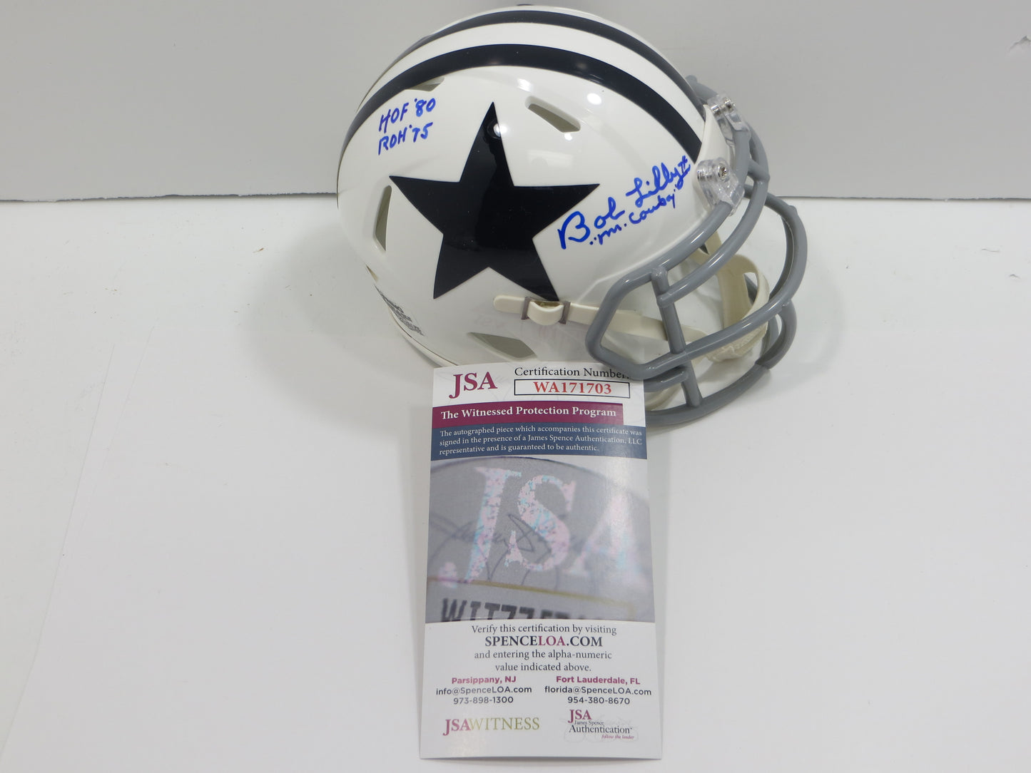 BOB LILLY SIGNED DALLAS COWBOYS MINI WHITE THROWBACK HELMET w/3 INSCs JSA