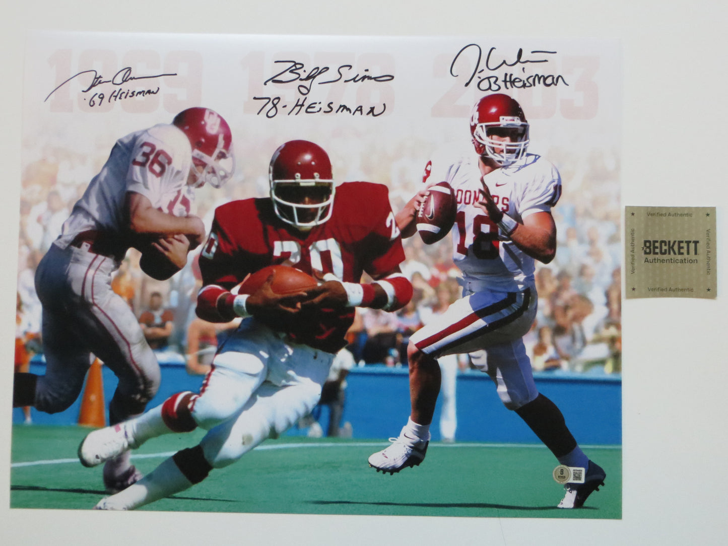 OKLAHOMA OU SOONERS HEISMAN BILLY SIMS STEVE OWENS JASON WHITE SIGNED Custom 16x20 BAS