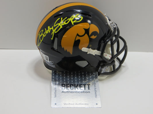 BOB STOOPS SIGNED IOWA HAWKEYES MINI HELMET OU Sooners BAS COA