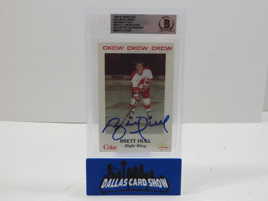 BRETT HULL 1986-87 Moncton Golden Flames #20 BAS BGS SLAB AUTO 10 Blues Stars