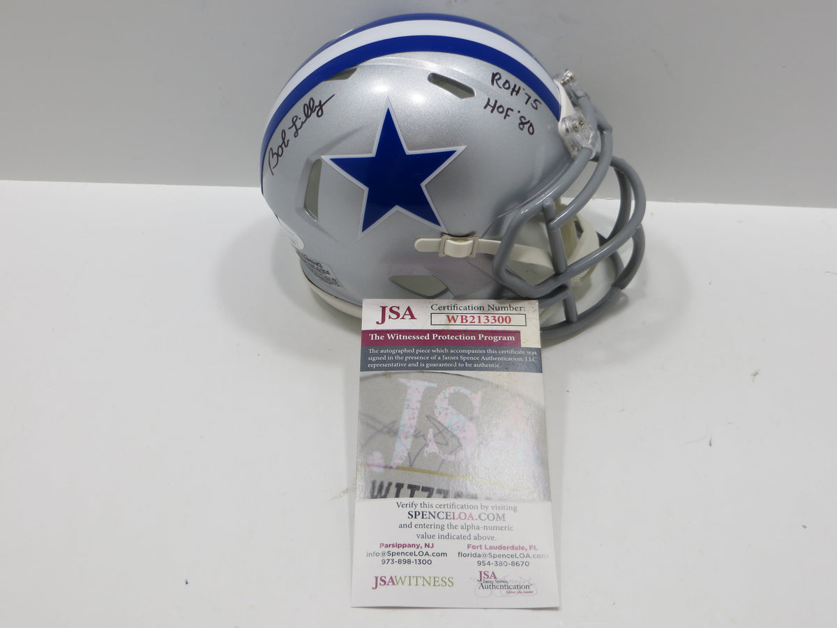 Lilly Riddell BOB LILLY SIGNED DALLAS COWBOYS RIDDELL MINI TB HELMET w/2 INSCs JSA C ...
