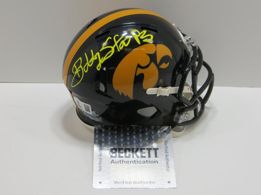BOB STOOPS SIGNED IOWA HAWKEYES MINI HELMET OU Sooners BAS COA