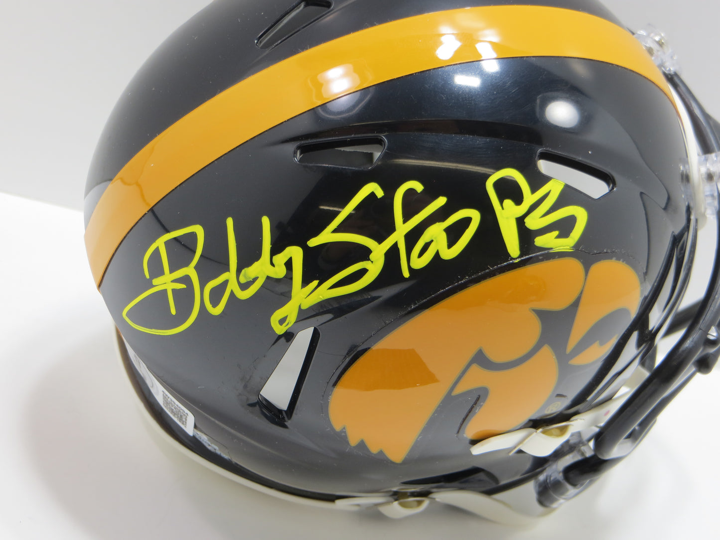 BOB STOOPS SIGNED IOWA HAWKEYES MINI HELMET OU Sooners BAS COA