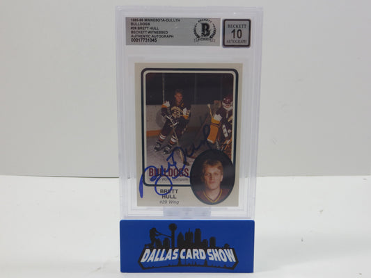 BRETT HULL SIGNED 1988-89 Minnesota-Duluth Bulldogs #28 BAS BGS SLAB AUTO 10 Blues