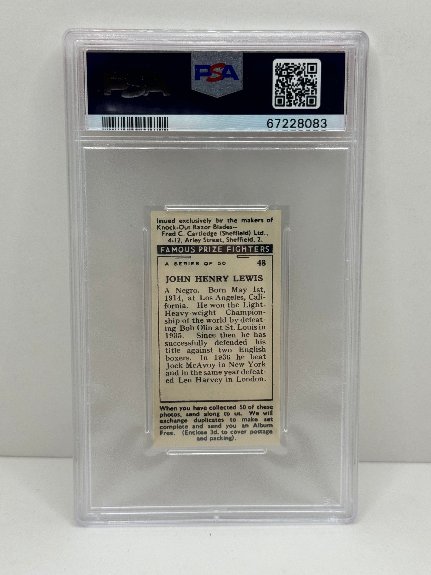 1938 F.C. Cartledge John Henry Lewis Famous Prize Fighters #48 PSA 8.5 NM-MT+