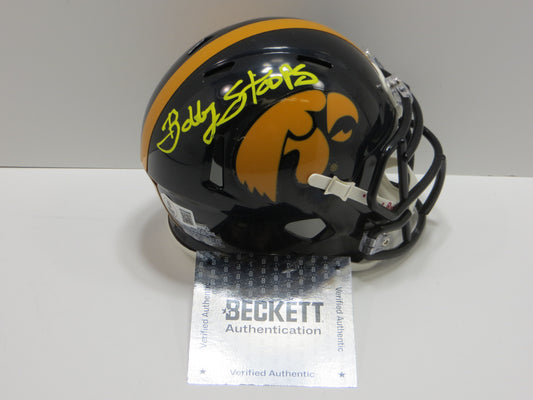 BOB STOOPS SIGNED IOWA HAWKEYES MINI HELMET OU Sooners BAS COA