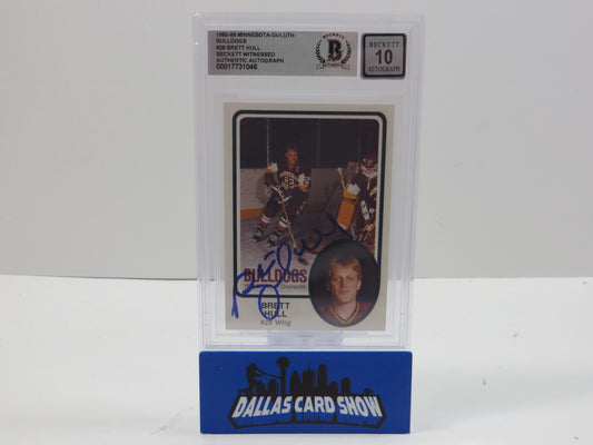 BRETT HULL SIGNED 1988-89 MINNESOTA-DULUTH BULLDOGS #28 BAS SLAB AUTO 10 BLUES
