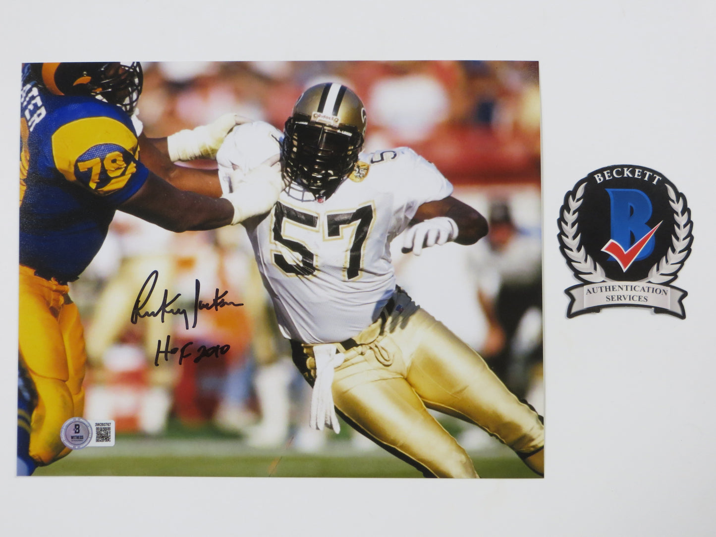 RICKEY JACKSON NEW ORLEANS SAINTS SIGNED 8x10 PHOTO vs RAMS w/HOF2010 BAS