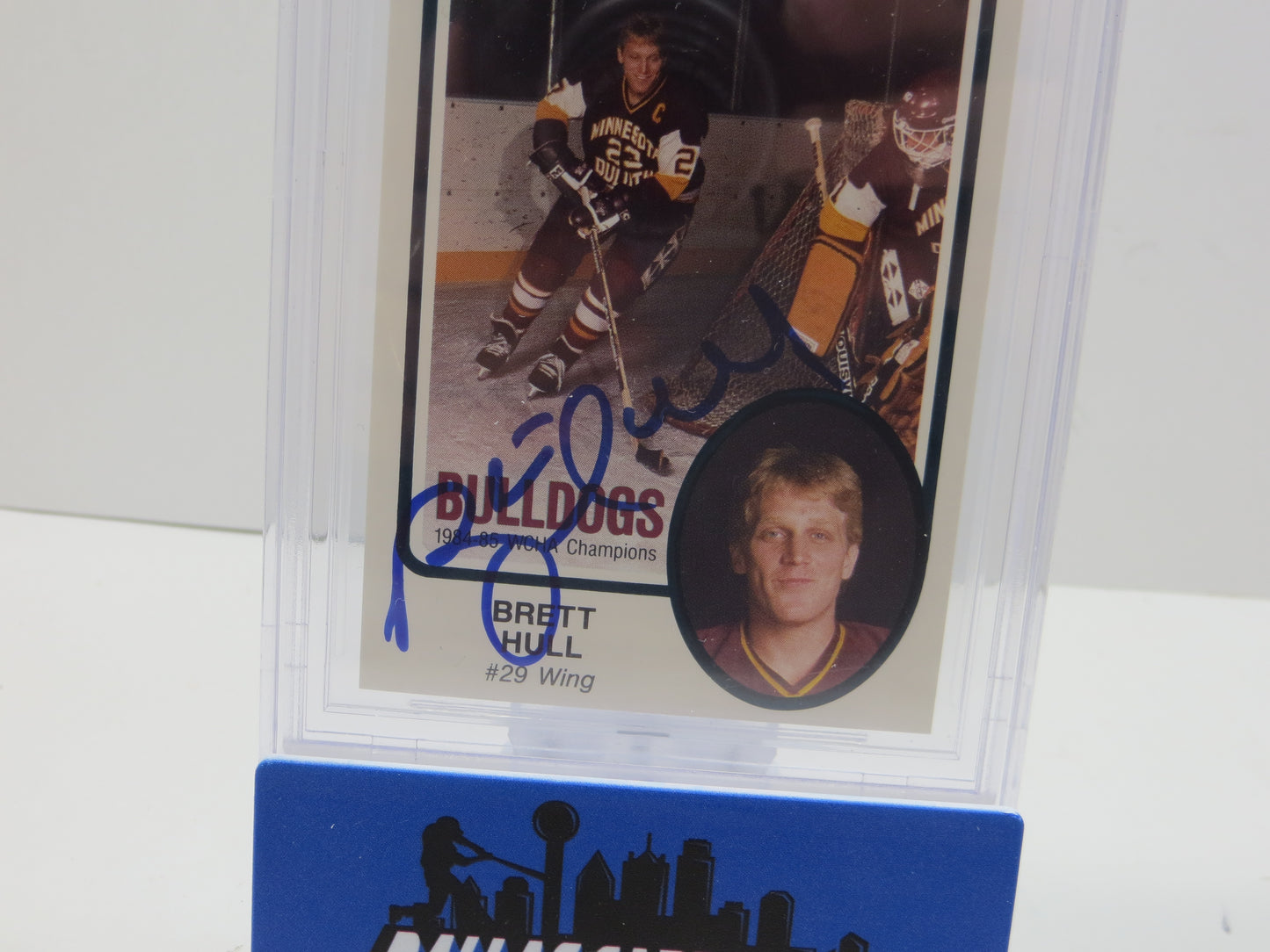 BRETT HULL SIGNED 1988-89 MINNESOTA-DULUTH BULLDOGS #28 BAS SLAB AUTO 10 BLUES