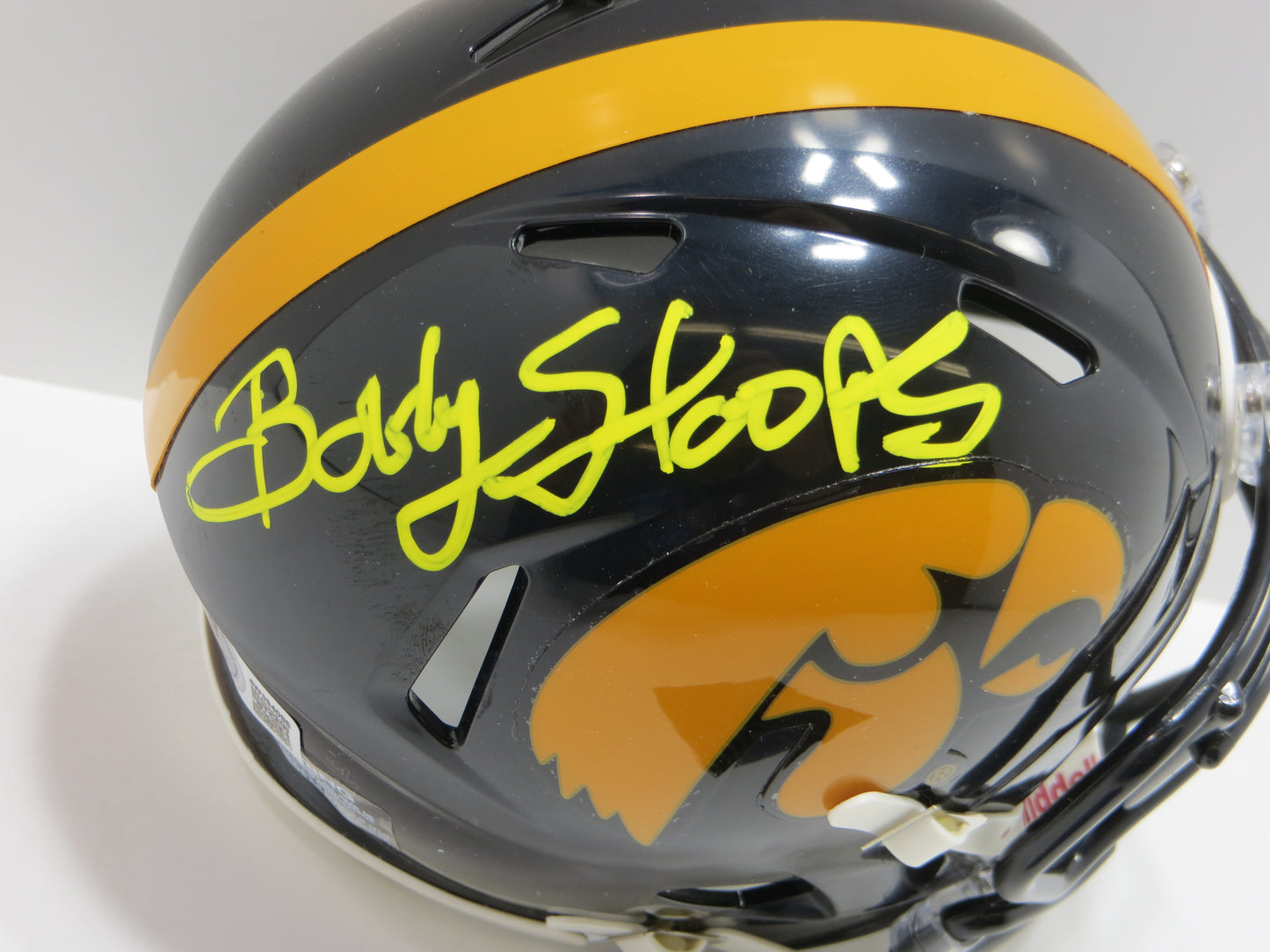 BOB STOOPS SIGNED IOWA HAWKEYES MINI HELMET OU Sooners BAS COA