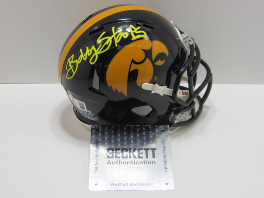 BOB STOOPS SIGNED IOWA HAWKEYES MINI HELMET OU Sooners BAS COA