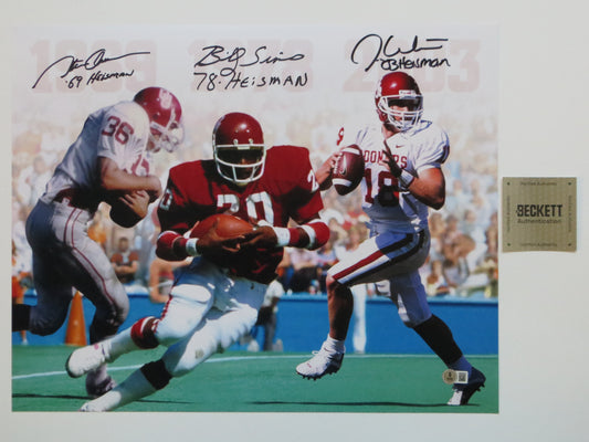 OKLAHOMA OU SOONERS HEISMAN BILLY SIMS STEVE OWENS JASON WHITE SIGNED Custom 16x20 BAS