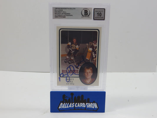 BRETT HULL SIGNED 1988-89 Minnesota-Duluth Bulldogs #28 BAS BGS SLAB AUTO 10 Blues