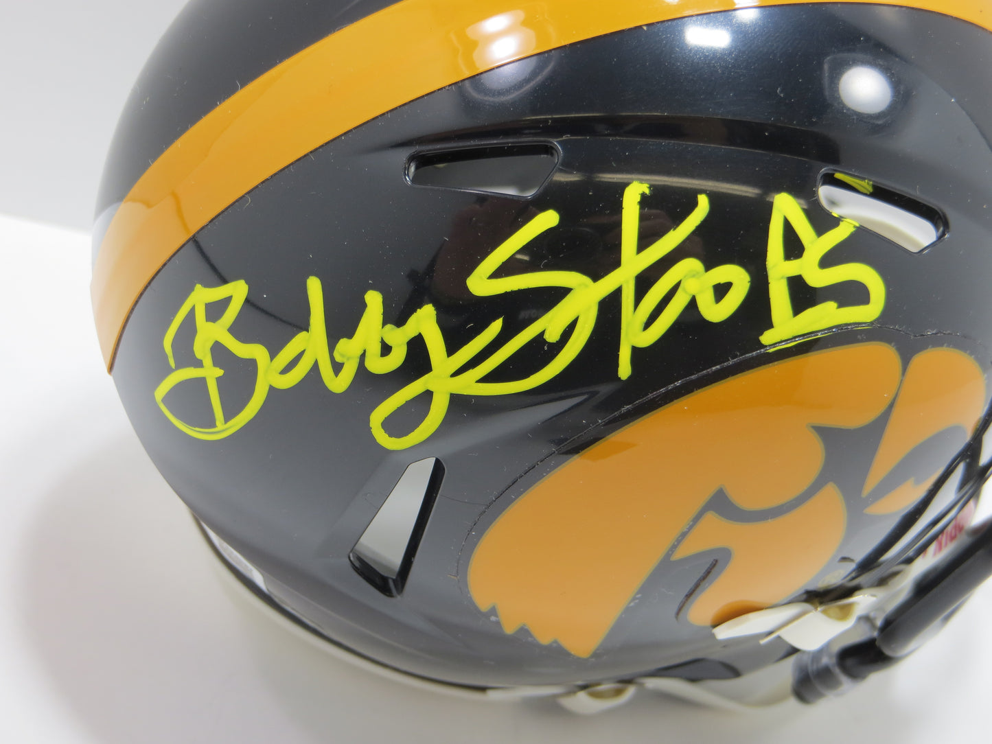 BOB STOOPS SIGNED IOWA HAWKEYES MINI HELMET OU Sooners BAS COA