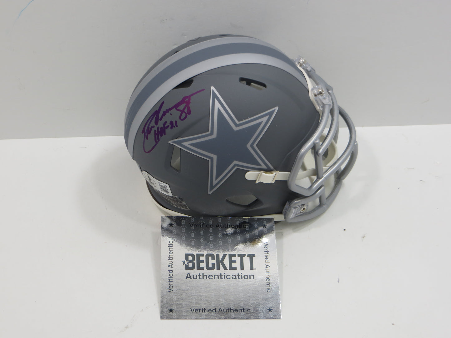 DREW PEARSON DALLAS COWBOYS SIGNED SLATE Mini Helmet w/HOF 21 BAS COA