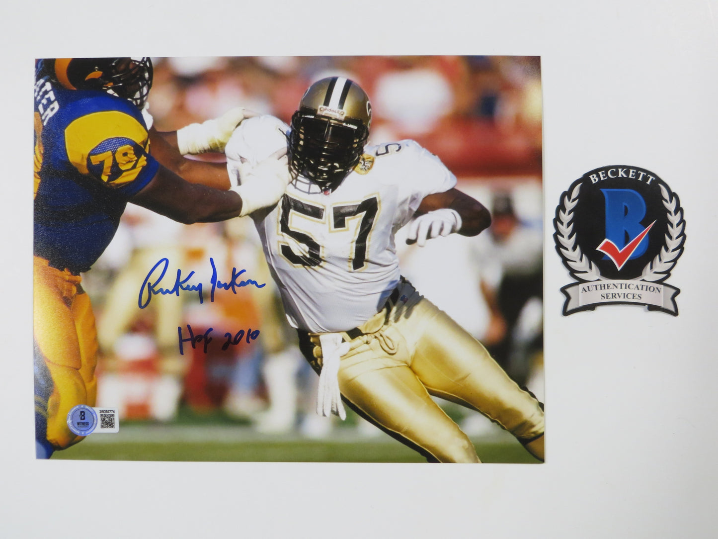 RICKEY JACKSON NEW ORLEANS SAINTS SIGNED 8x10 PHOTO v RAMS w/HOF2010 BAS