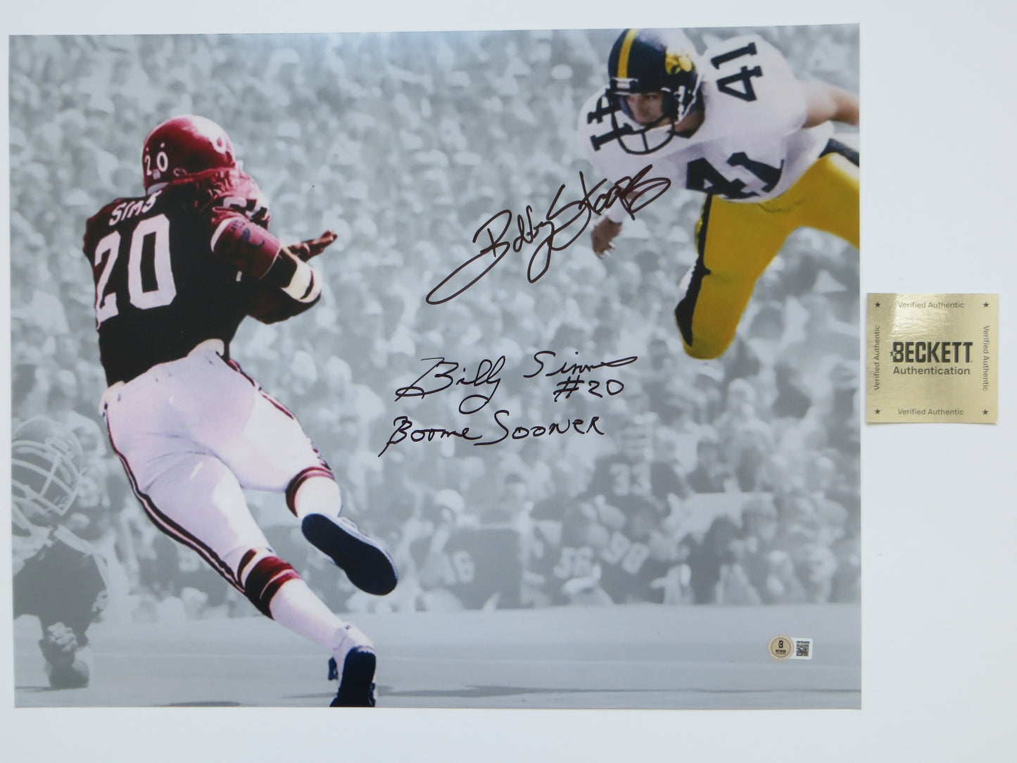 BOB STOOPS BILLY SIMS OU SOONERS IOWA SIGNED 16x20 PHOTO BAS COA