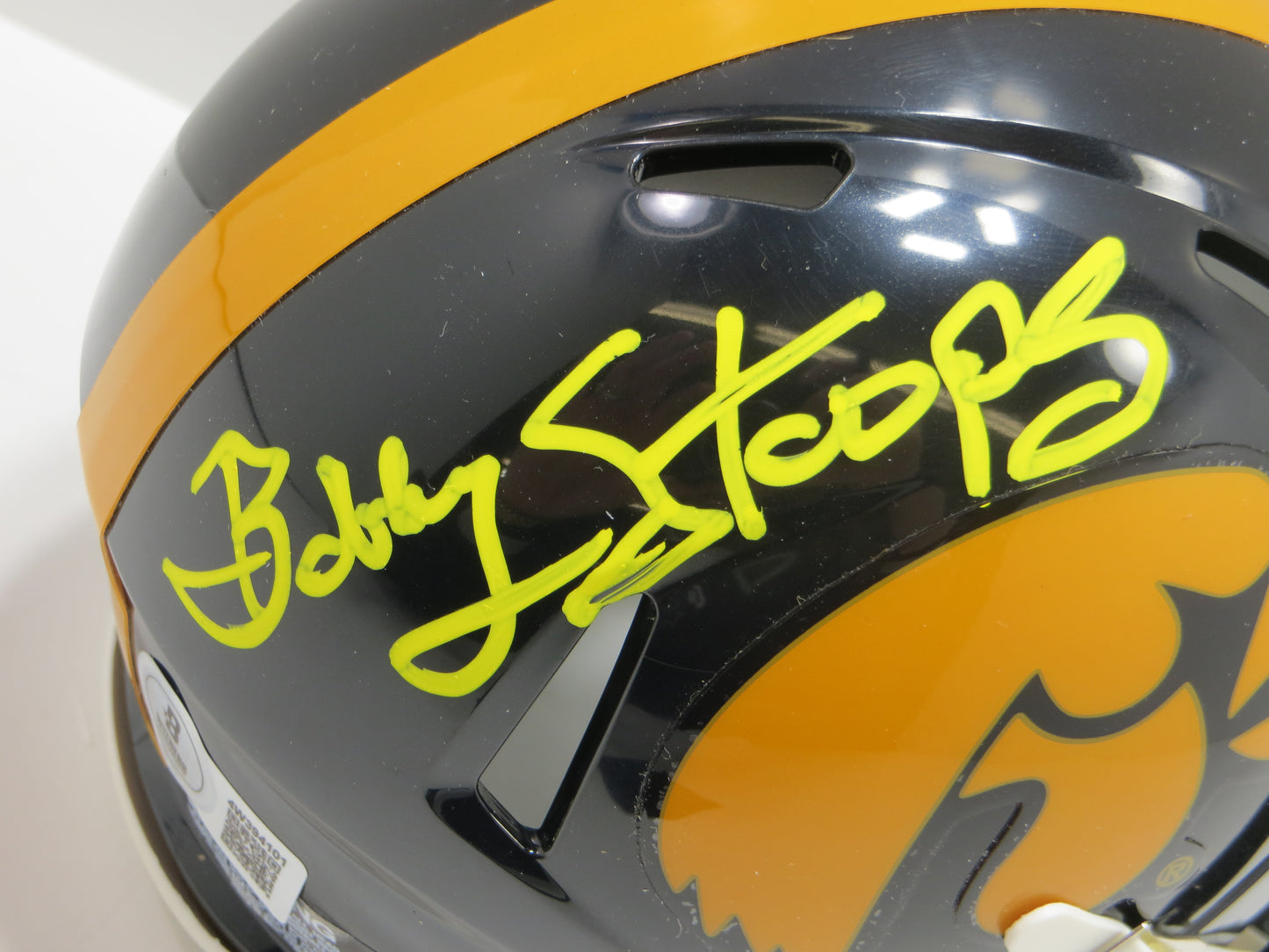 BOB STOOPS SIGNED IOWA HAWKEYES MINI HELMET Oklahoma Sooners BAS