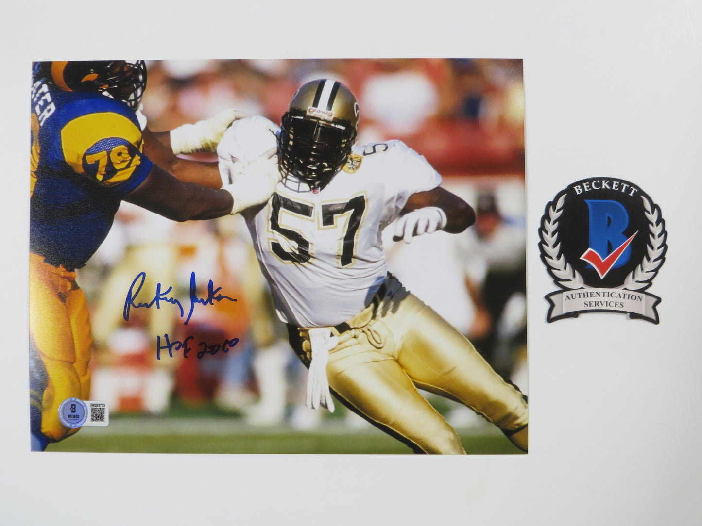 RICKEY JACKSON NEW ORLEANS SAINTS SIGNED 8x10 PHOTO v RAMS w/HOF2010 BAS