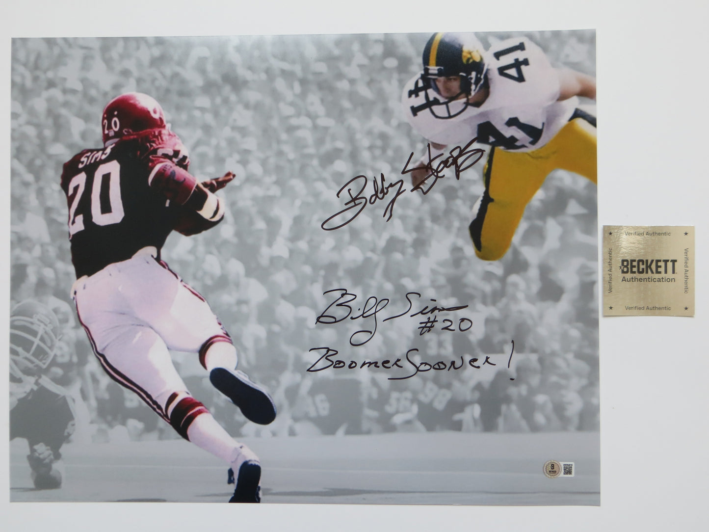 BOB STOOPS BILLY SIMS OU SOONERS IOWA SIGNED 16x20 PHOTO BAS COA