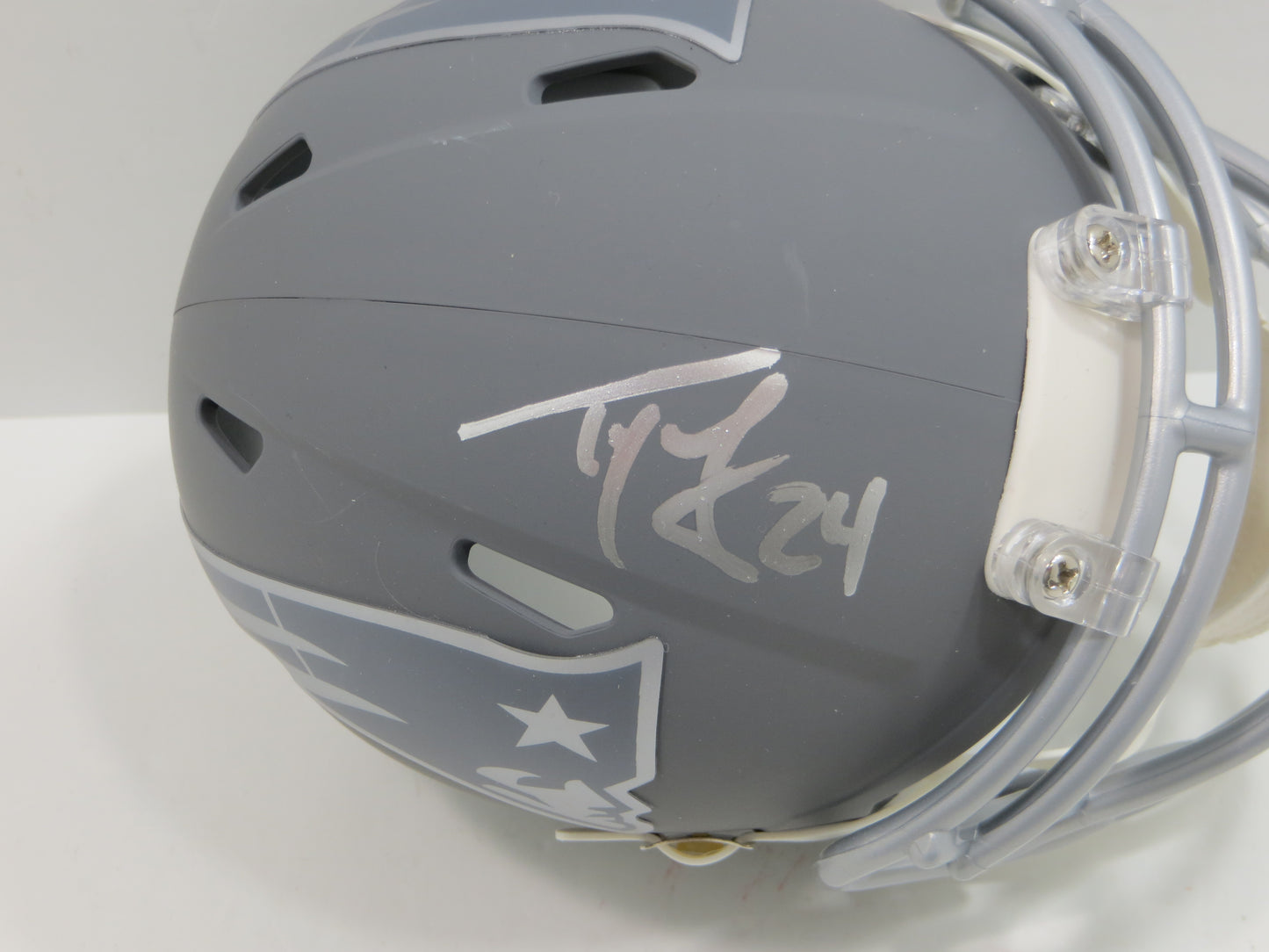 TY LAW NEW ENGLAND PATRIOTS SIGNED SLATE Mini Helmet BAS COA
