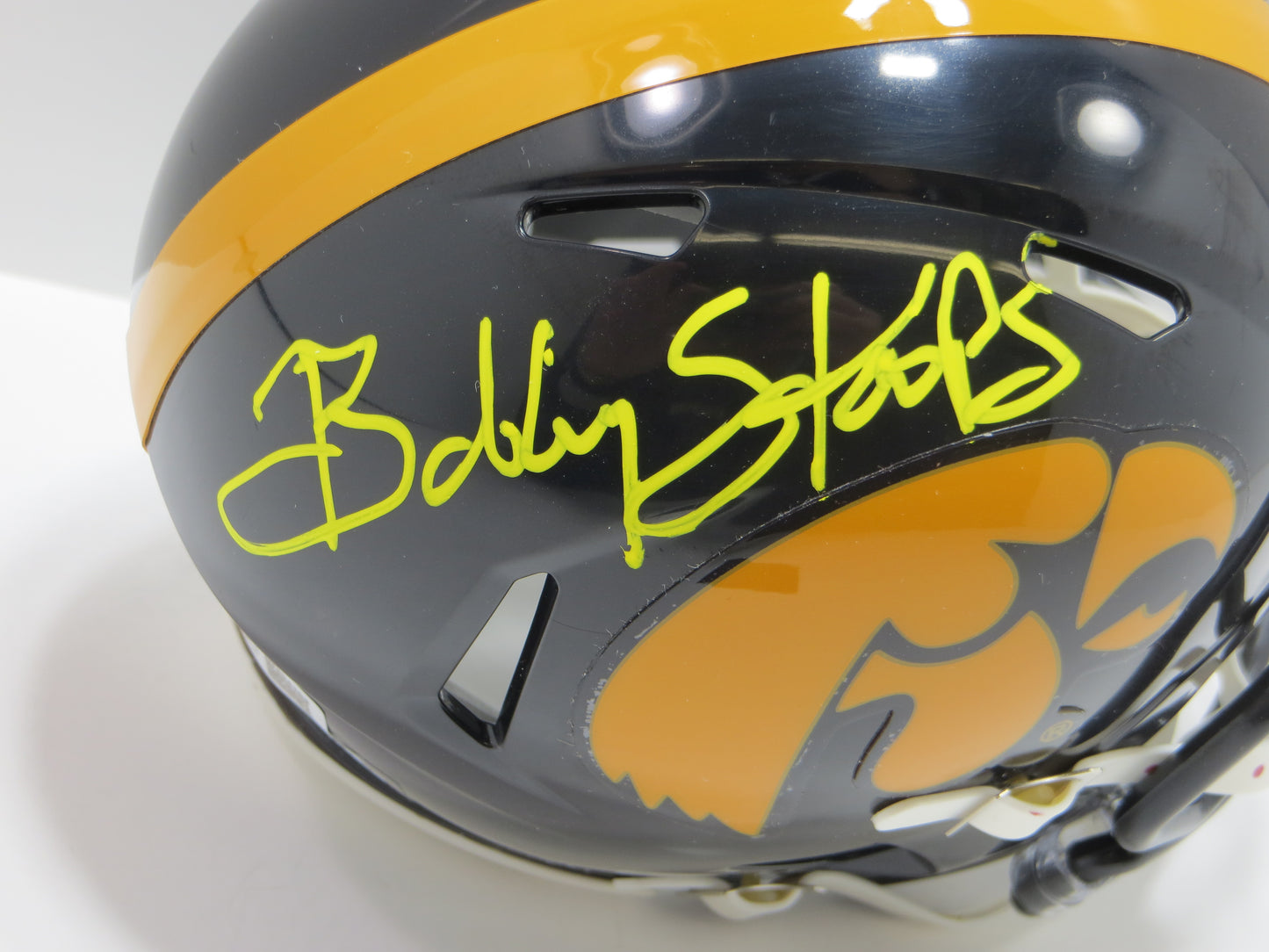 BOB STOOPS SIGNED IOWA HAWKEYES MINI HELMET Oklahoma Sooners BAS