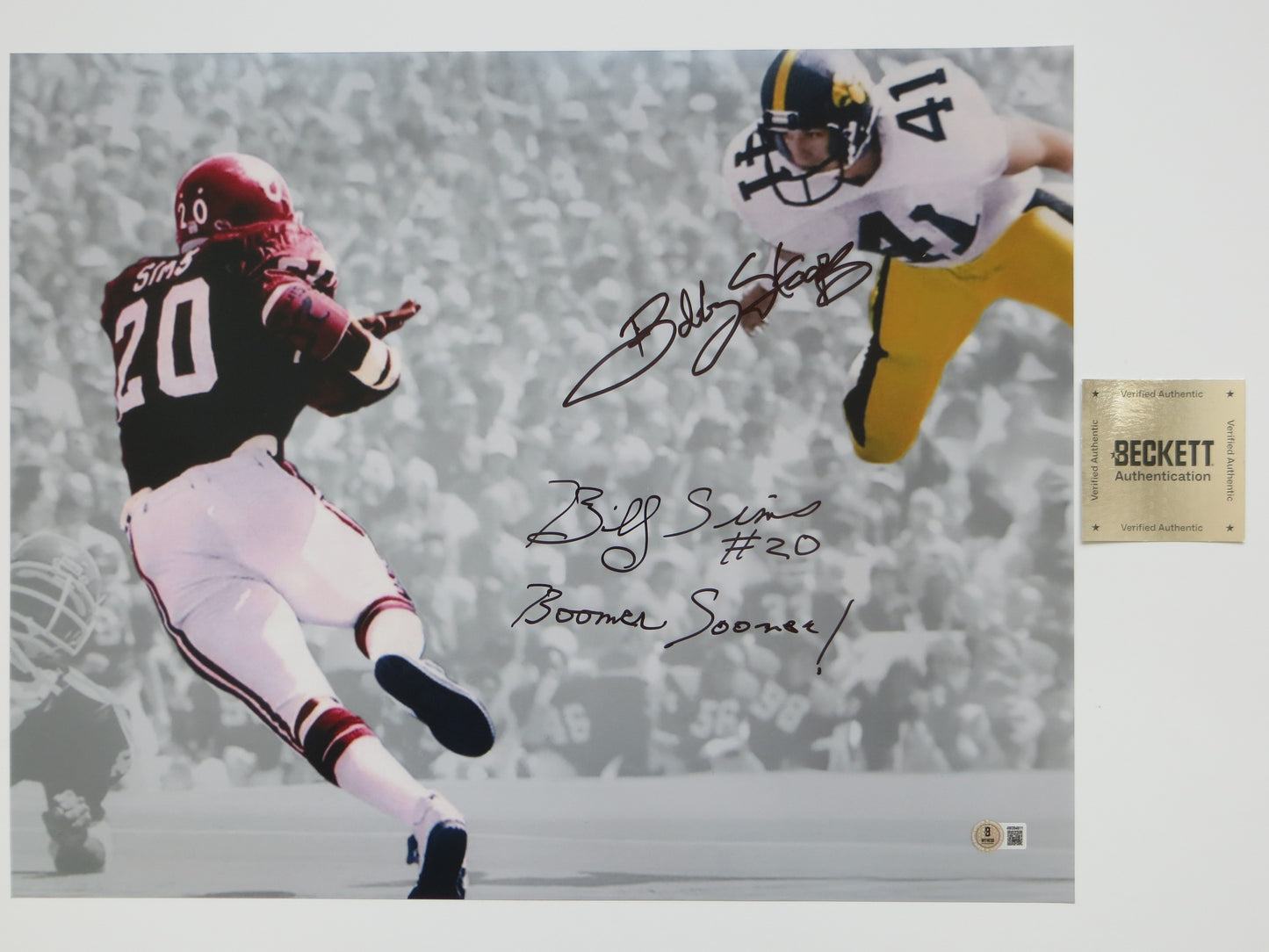 BOB STOOPS BILLY SIMS OU SOONERS IOWA SIGNED 16x20 PHOTO BAS COA