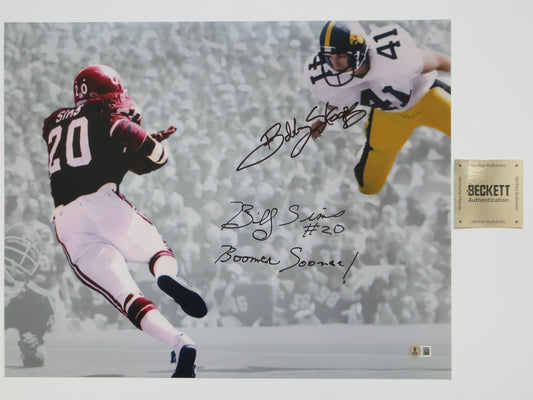 BOB STOOPS BILLY SIMS OU SOONERS IOWA SIGNED 16x20 PHOTO BAS COA