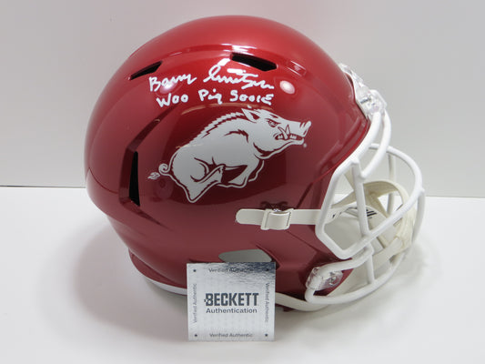 BARRY SWITZER SIGNED ARKANSAS RAZORBACKS FULL SIZE HELMET w/WooPig Cowboys BAS