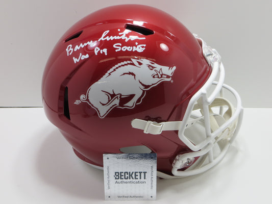 BARRY SWITZER SIGNED ARKANSAS RAZORBACKS FULL SIZE HELMET w/WooPig OU BAS