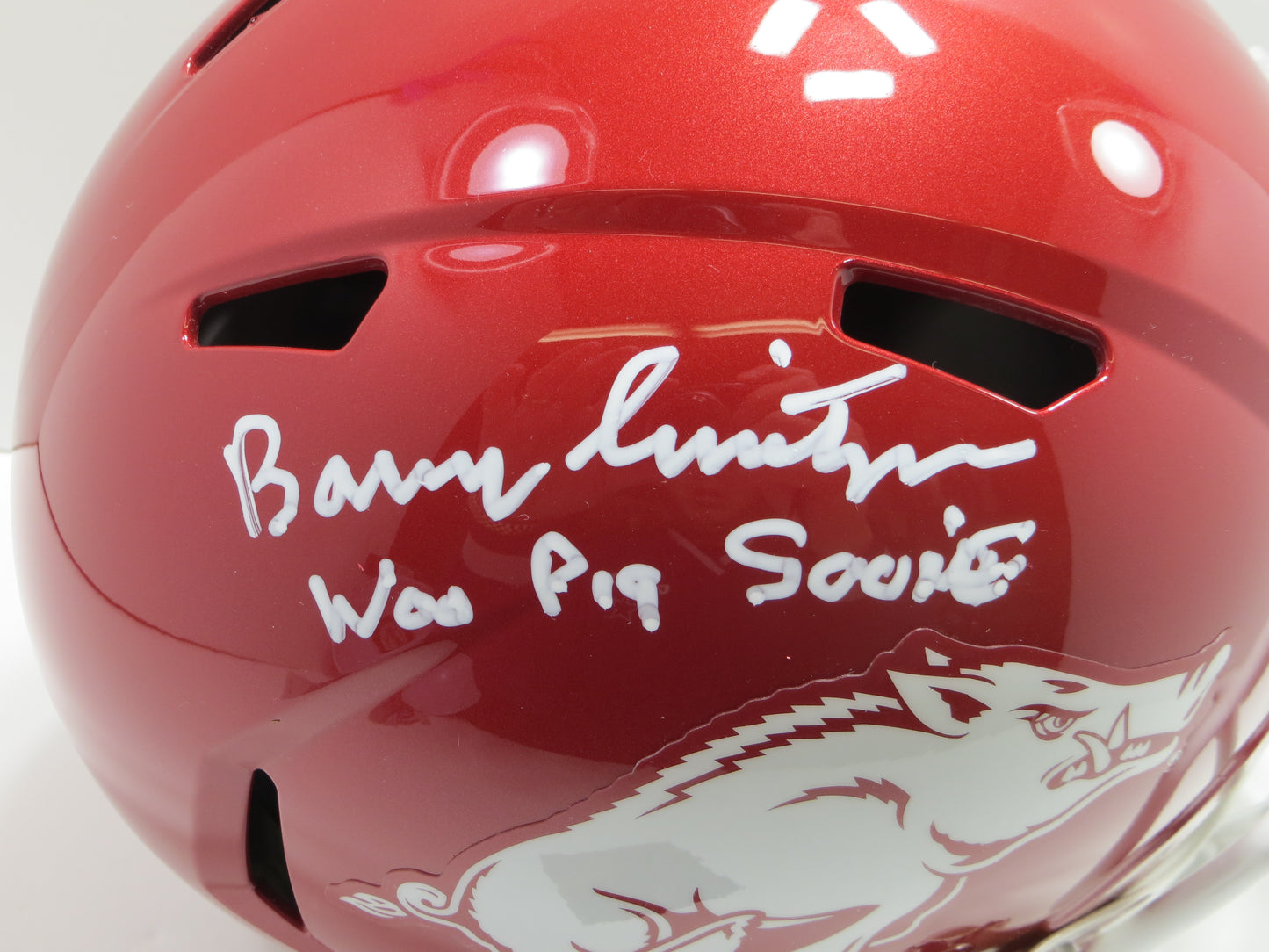 BARRY SWITZER SIGNED ARKANSAS RAZORBACKS FULL SIZE HELMET w/WooPig OU BAS