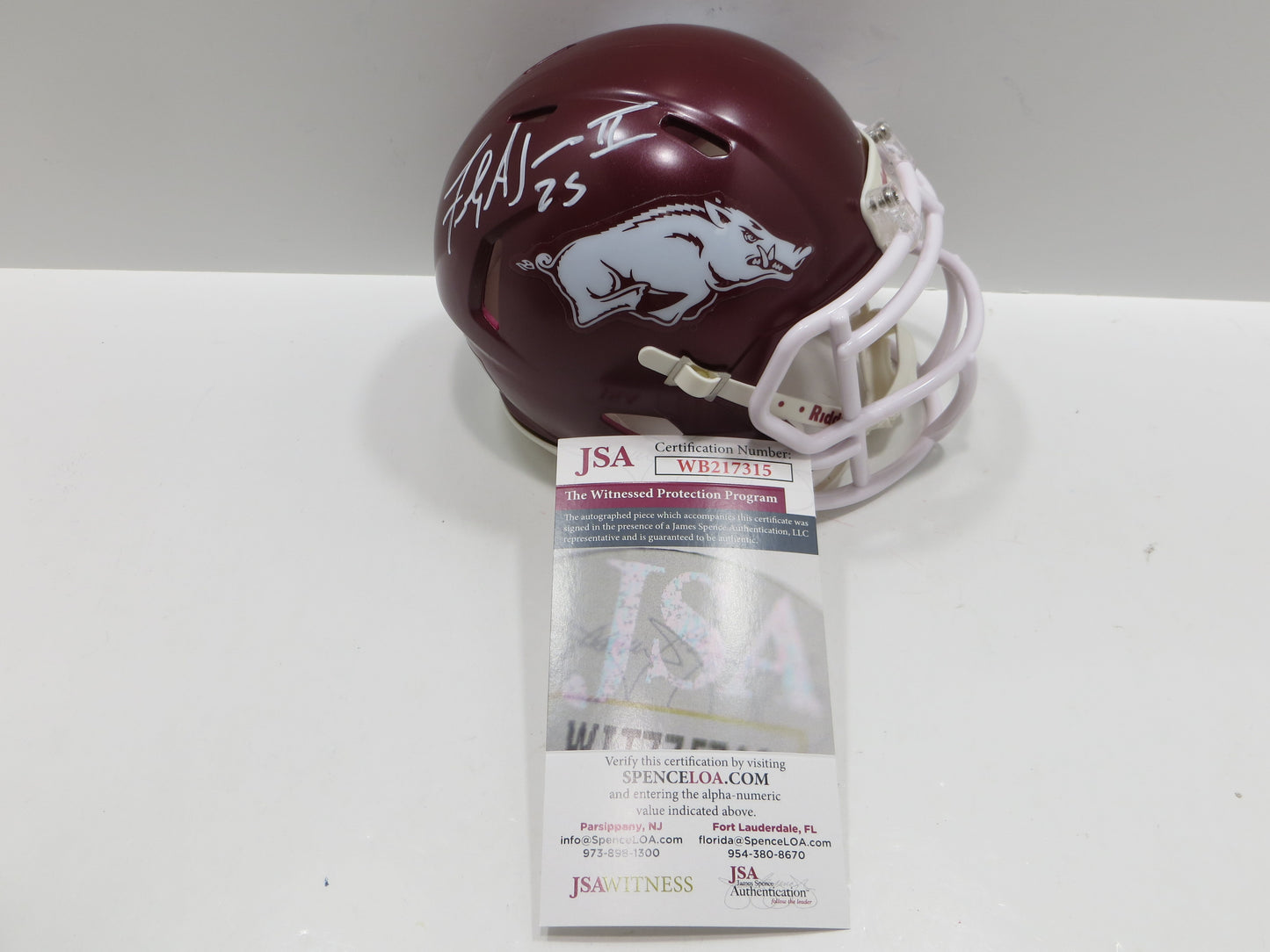 FELIX JONES III SIGNED ARKANSAS RAZORBACKS Riddell MINI HELMET BAS COA