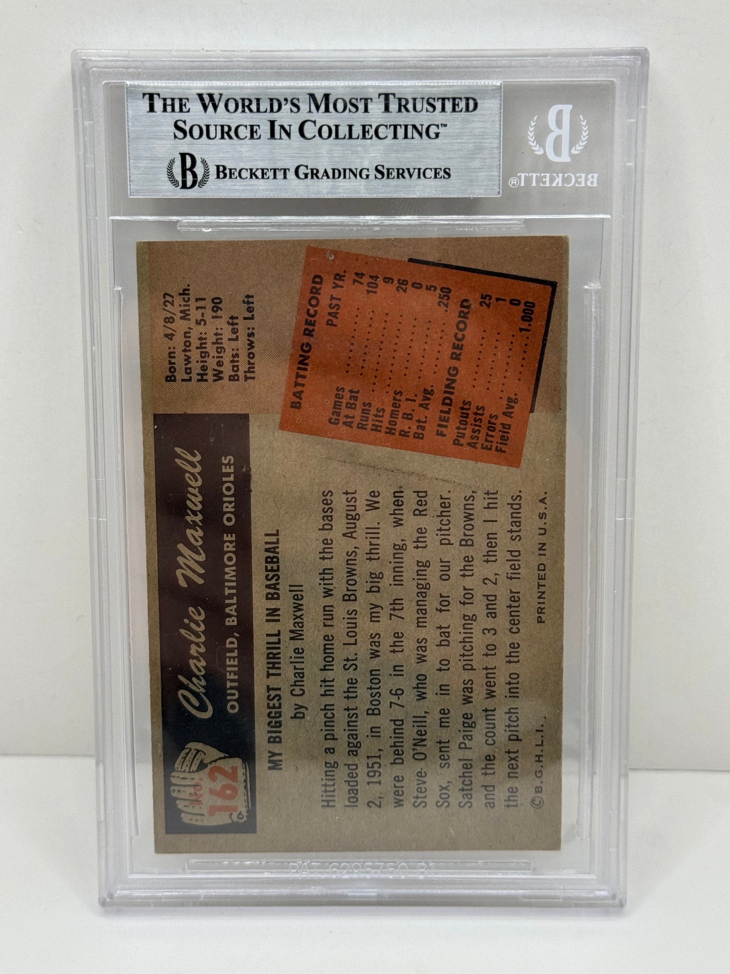 1955 Bowman Charlie Maxwell #162 Auto Beckett Authentic Not Deceased