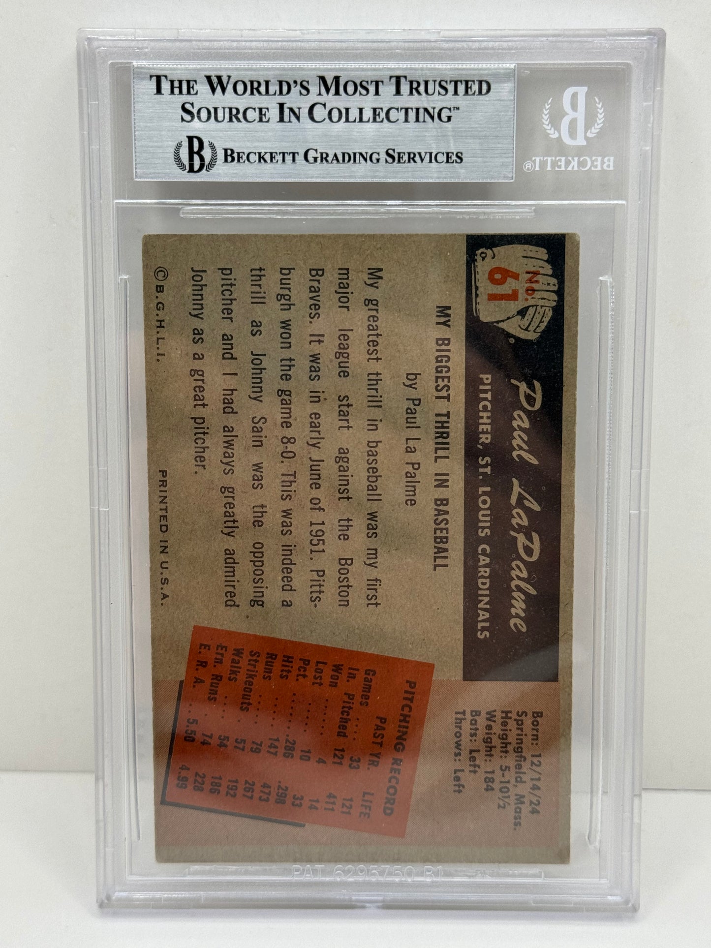 1955 Bowman Paul Lapalme #61 Auto Beckett Authenticated Deceased in 2010