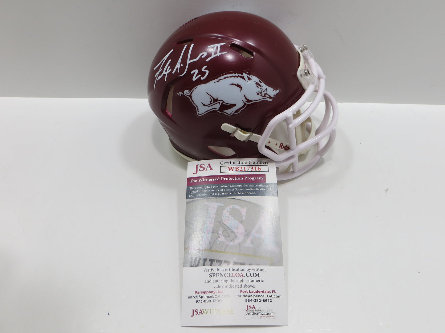 FELIX JONES III SIGNED ARKANSAS RAZORBACKS Riddell MINI HELMET BAS COA