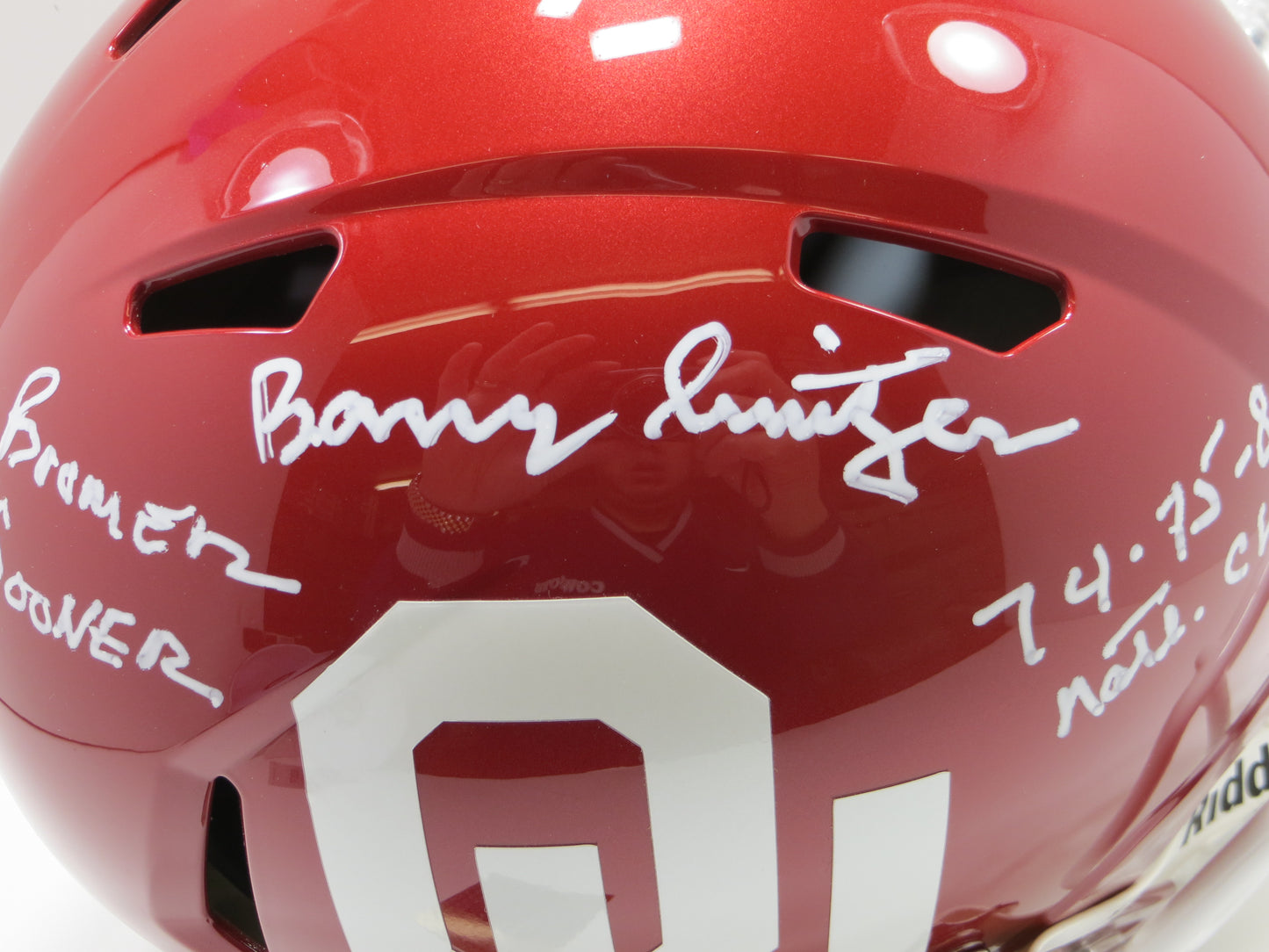 BARRY SWITZER SIGNED OKLAHOMA OU SOONERS FULL SIZE HELMET w/INSC Cowboys BAS